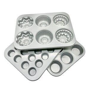 3-Piece Multicolor Metal Mini-Cake, Muffin and Cupcake Baking Pan Set
